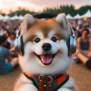 happy Pomsky wearing headphones